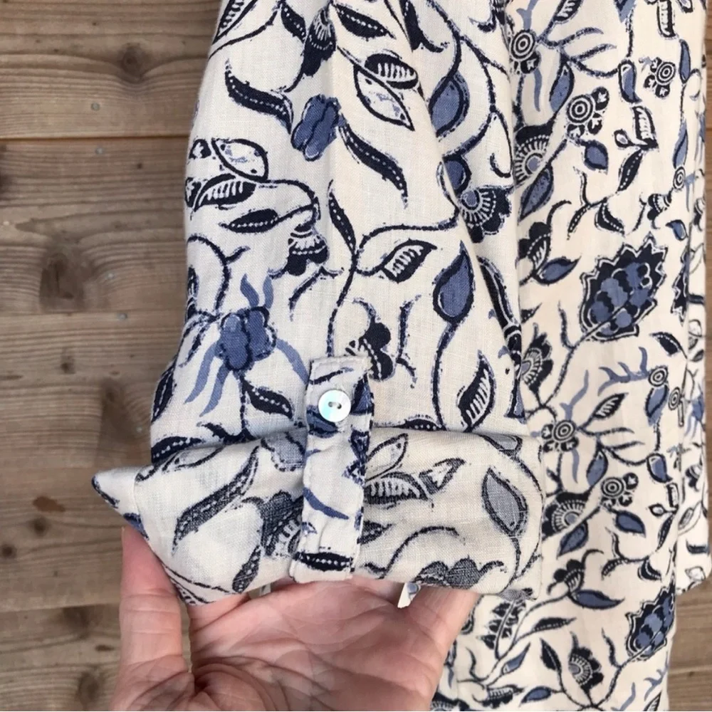 100% Linen Rachel Zoe Blue/Gray Floral Shirt Long Sleeves Roll Tab Buttons Sz M - Picture 9 of 10